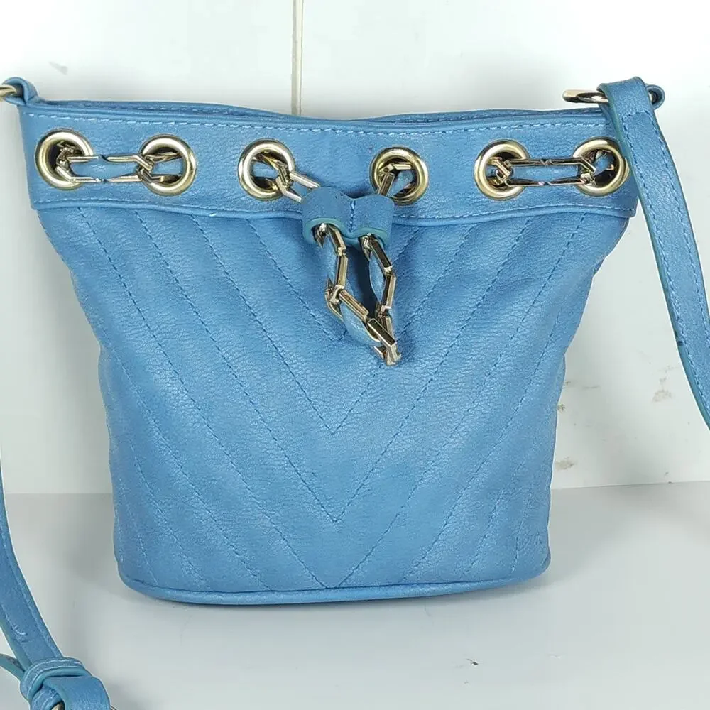 Free People Blue Faux Leather Gold Chain Drawstring Mini Bucket Bag Crossbody